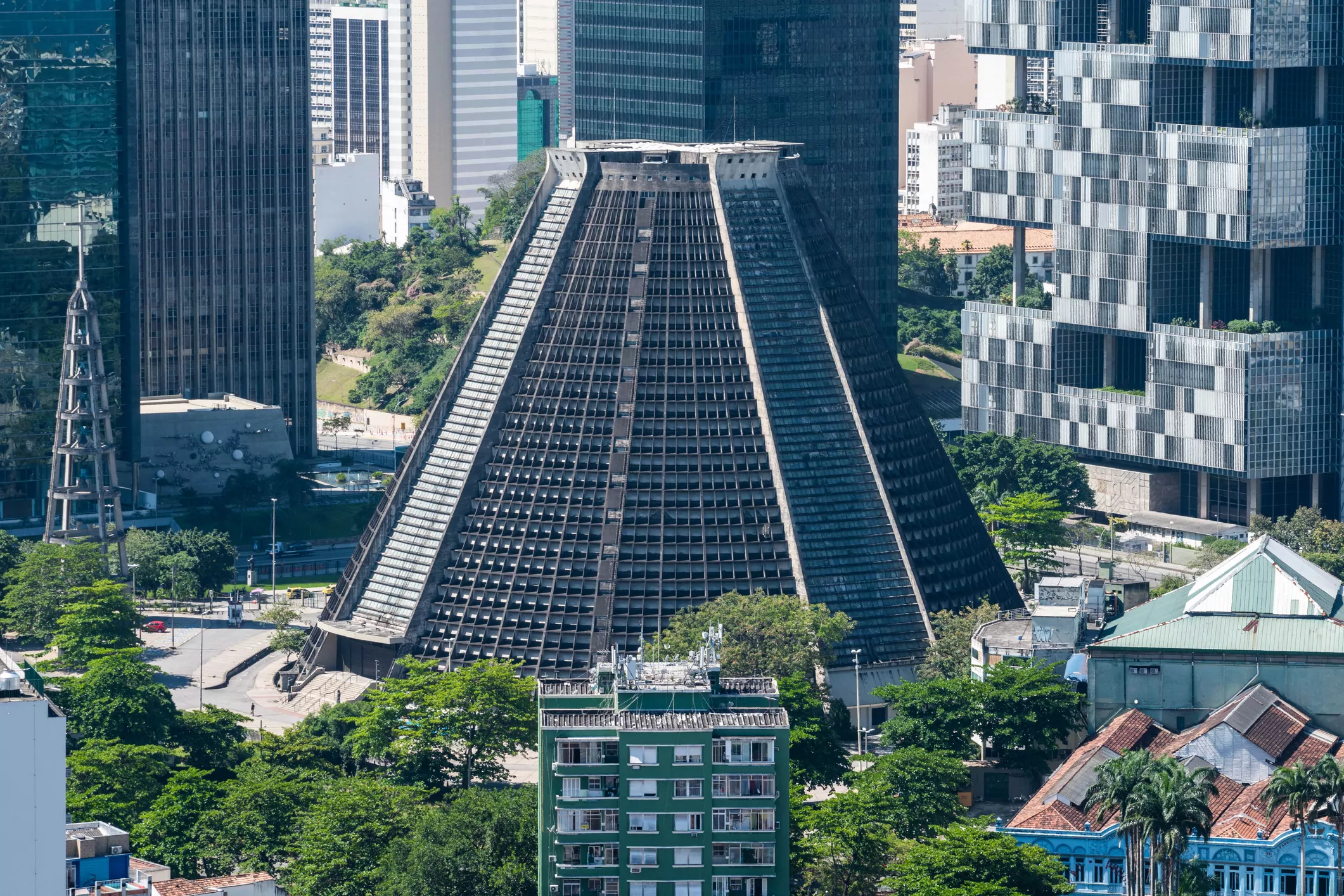 Rio de Janeiro, Brazil- October 13, 2019: View of Metropolitan Cathedral and skyscrapers at sunny day in Rio de Janeiro, Brazil