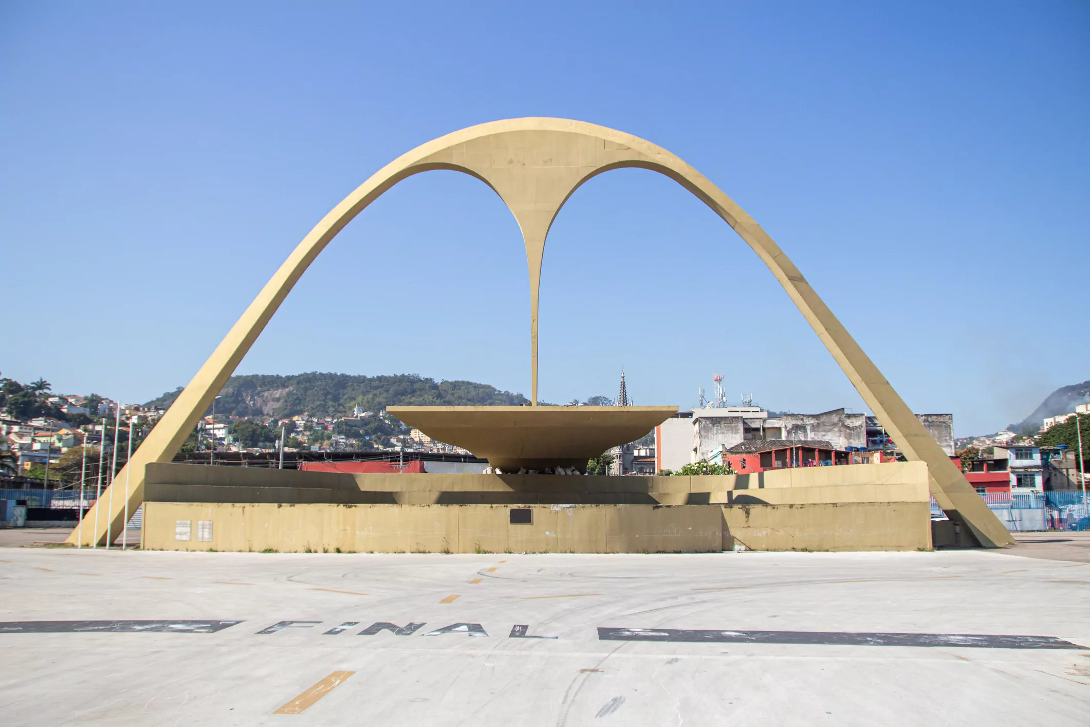 Apotheosis Square in Rio de Janeiro, Brazil - August 31, 2019: It is in the Apotheosis Square that there is a large concrete parabolic arch with a pendant in the center. This arch became a symbol of the Rio Sambadrome and another architectural icon created by architect Oscar Niemeyer.